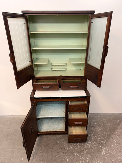 Vintage Oak Hoosier-Style Kitchen Cabinet with Enamel Top #2582