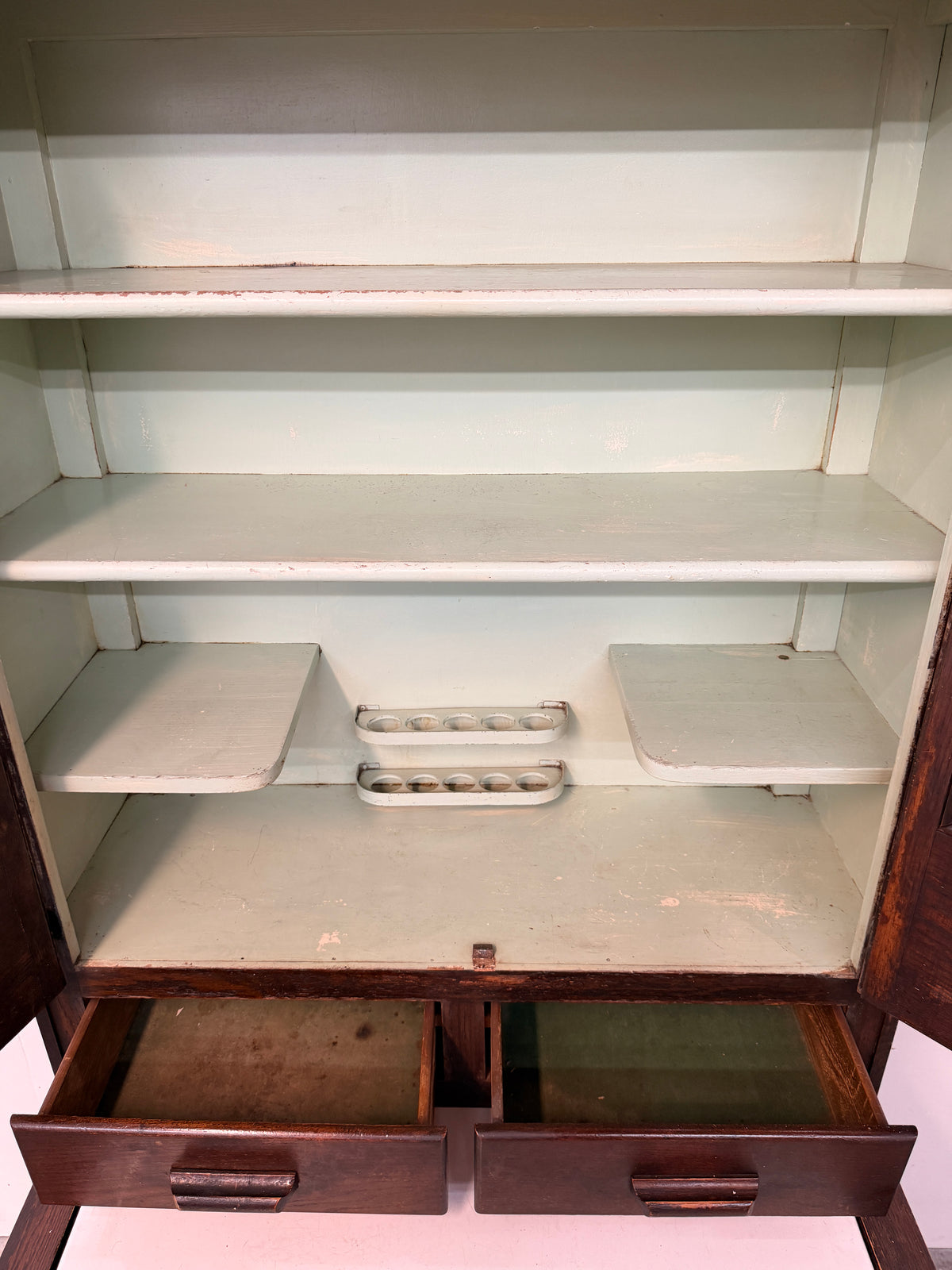 Vintage Oak Hoosier-Style Kitchen Cabinet with Enamel Top #2582