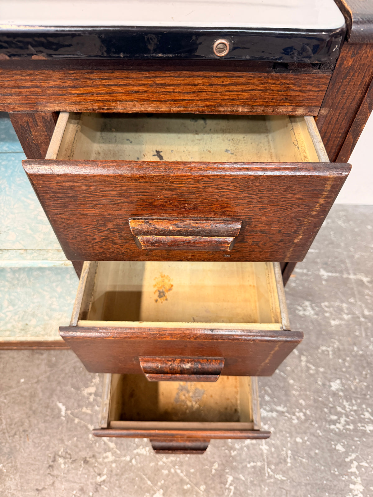 Vintage Oak Hoosier-Style Kitchen Cabinet with Enamel Top #2582