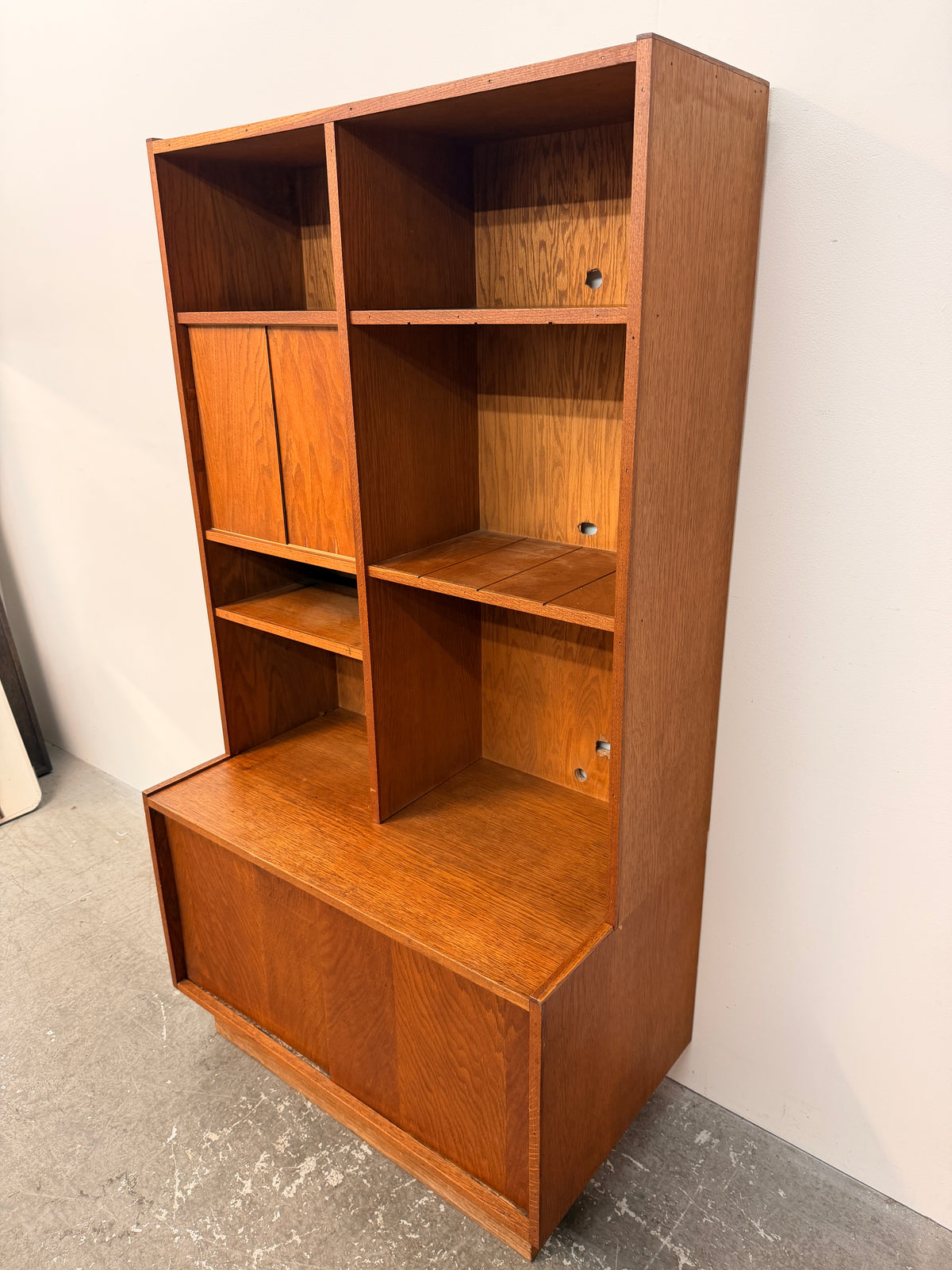 Mid-Century Oak Wall Unit with Sliding Doors #2583