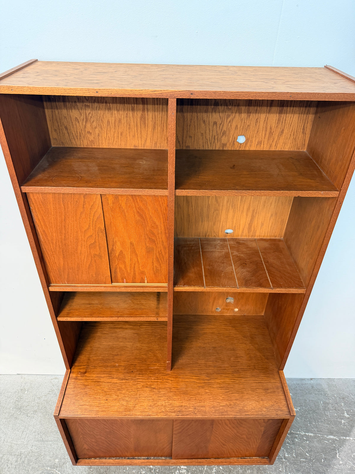 Mid-Century Oak Wall Unit with Sliding Doors #2583
