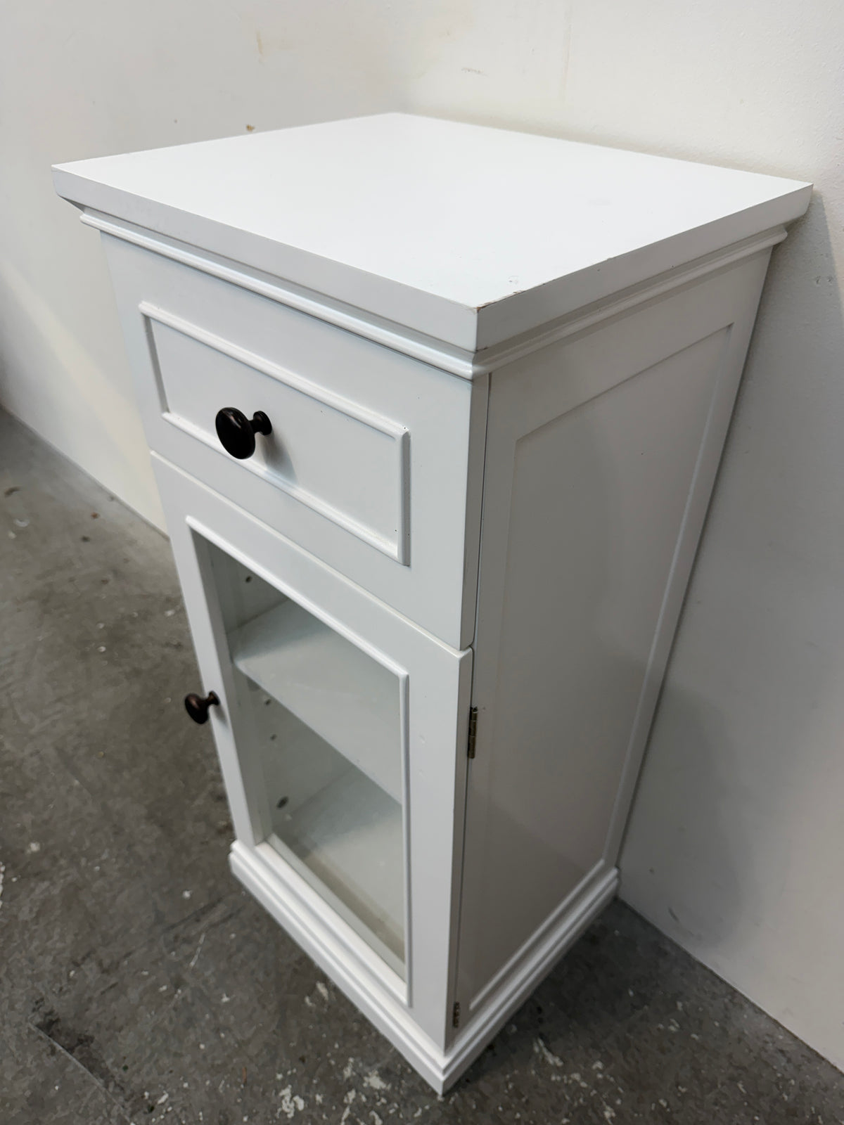 White Wood Cabinet with Drawer and Glass Door #2587