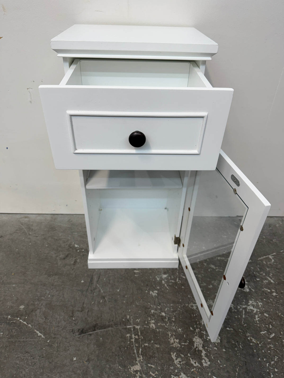 White Wood Cabinet with Drawer and Glass Door #2587