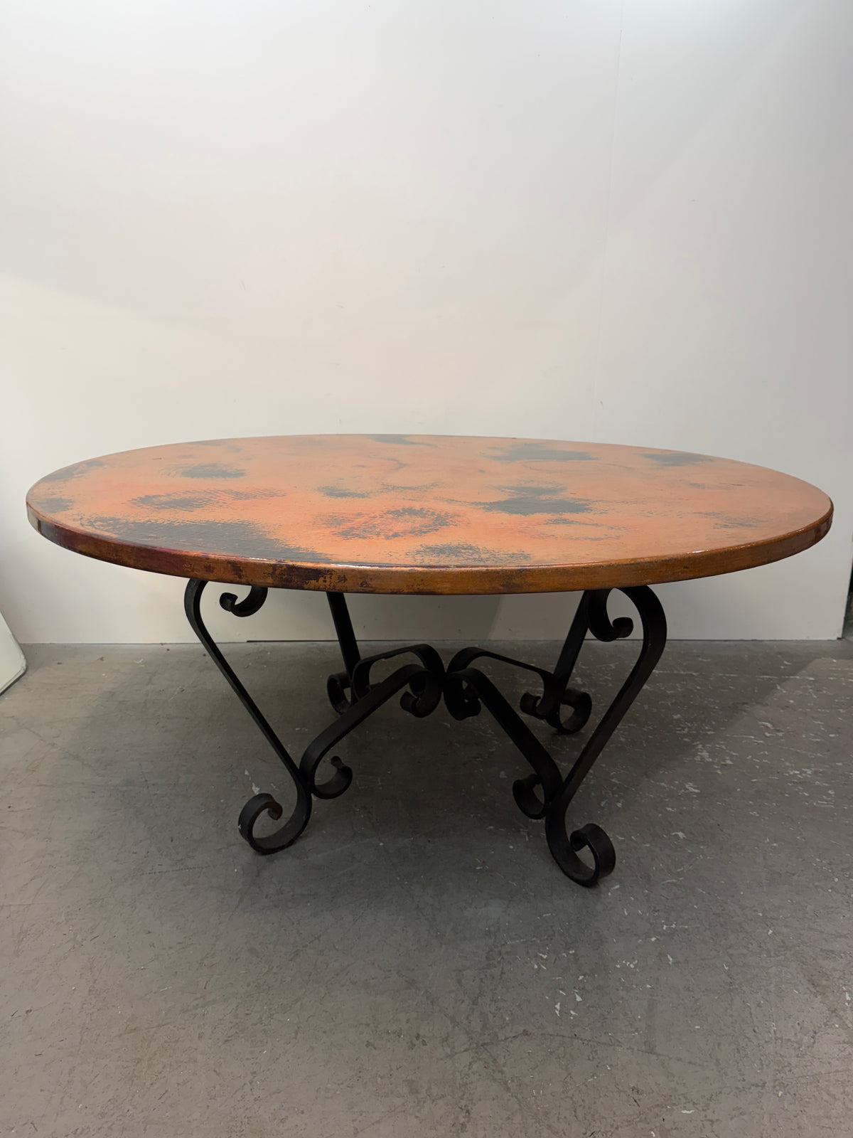 Hammered Copper Round Dining Table on Wrought Iron Base #2591
