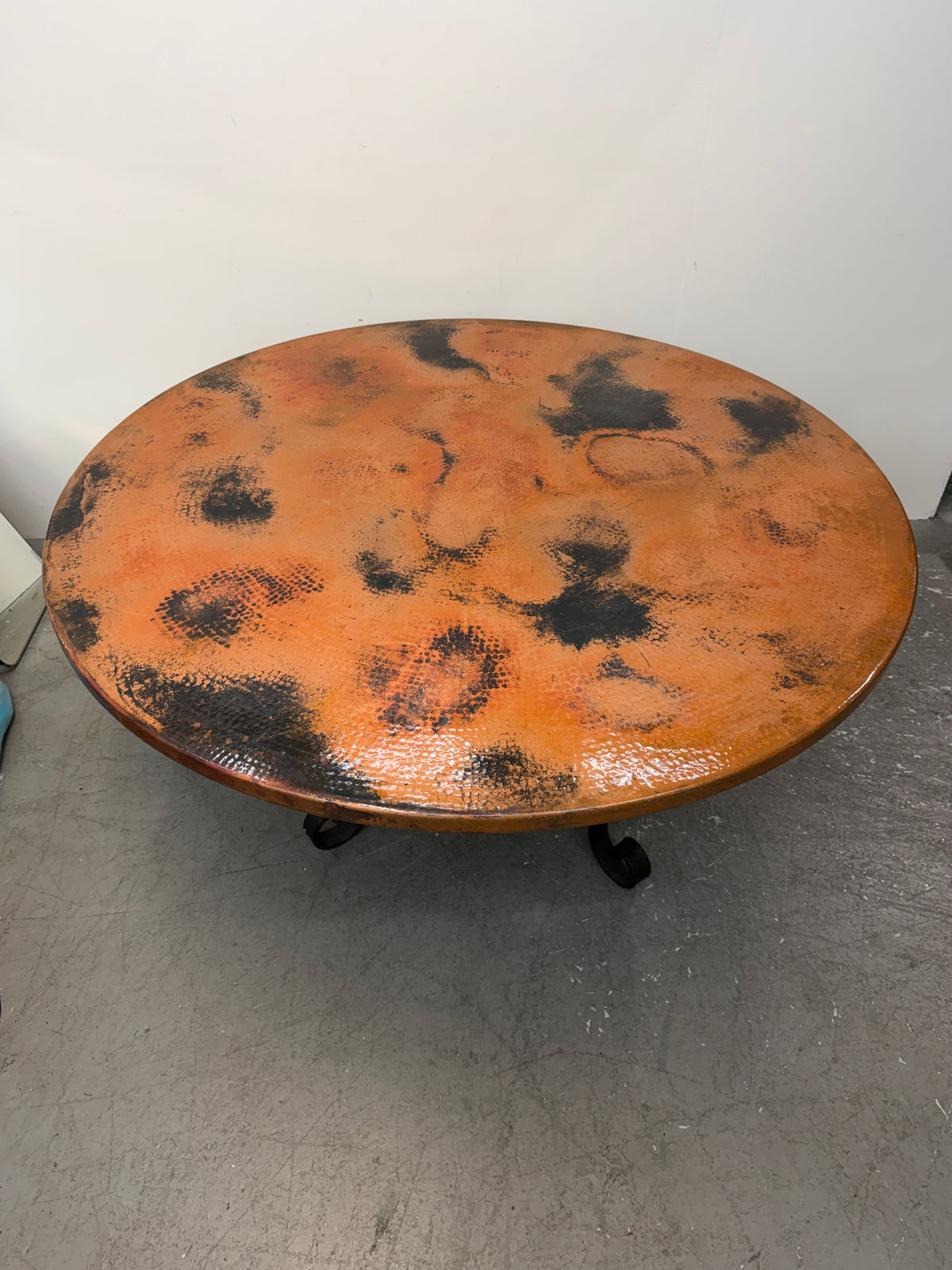 Hammered Copper Round Dining Table on Wrought Iron Base #2591