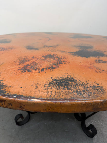 Hammered Copper Round Dining Table on Wrought Iron Base #2591