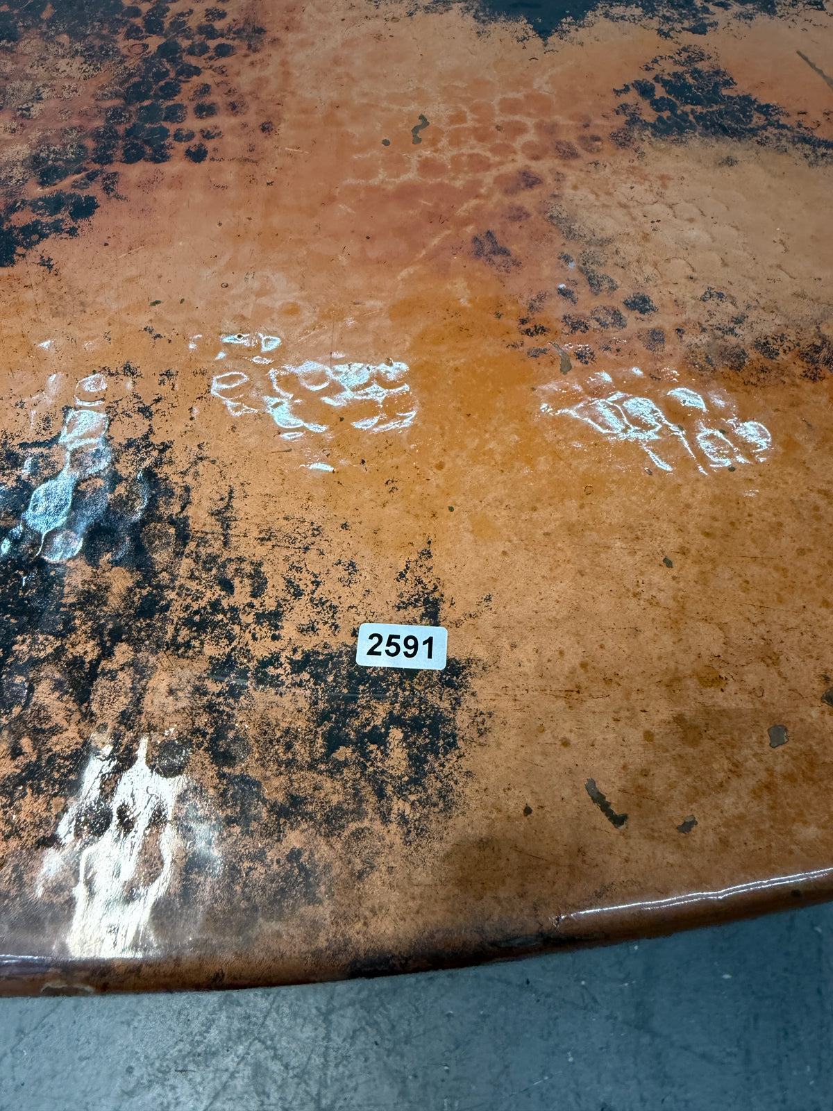 Hammered Copper Round Dining Table on Wrought Iron Base #2591
