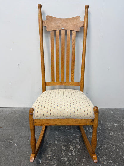 Oak High Slat Back Rocking Chair with Upholstered Seat #2626