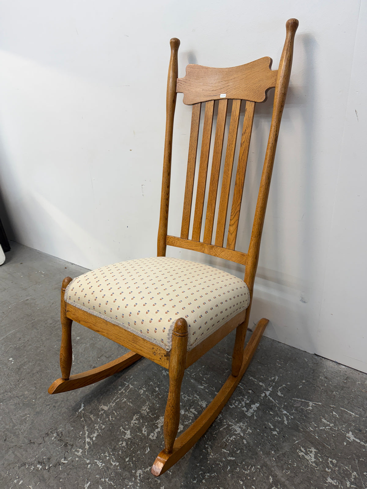 Oak High Slat Back Rocking Chair with Upholstered Seat #2626