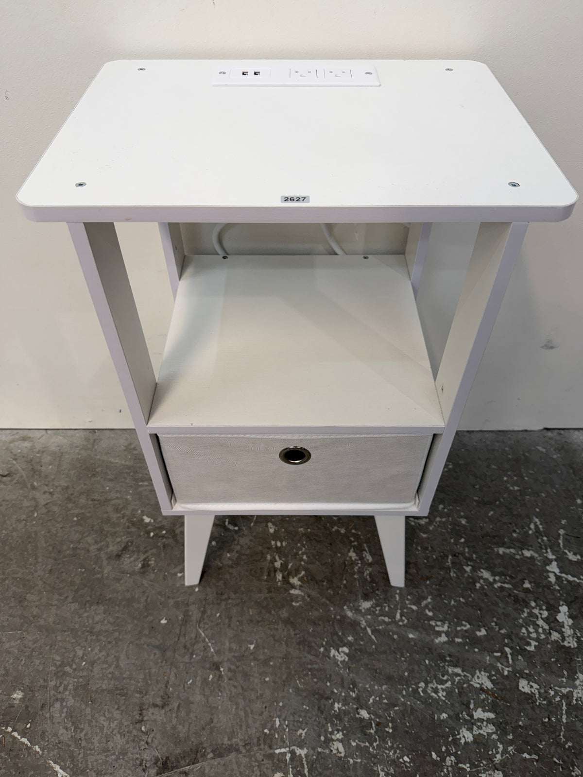 White Nightstand with Charging Outlets and Fabric Bin #2627