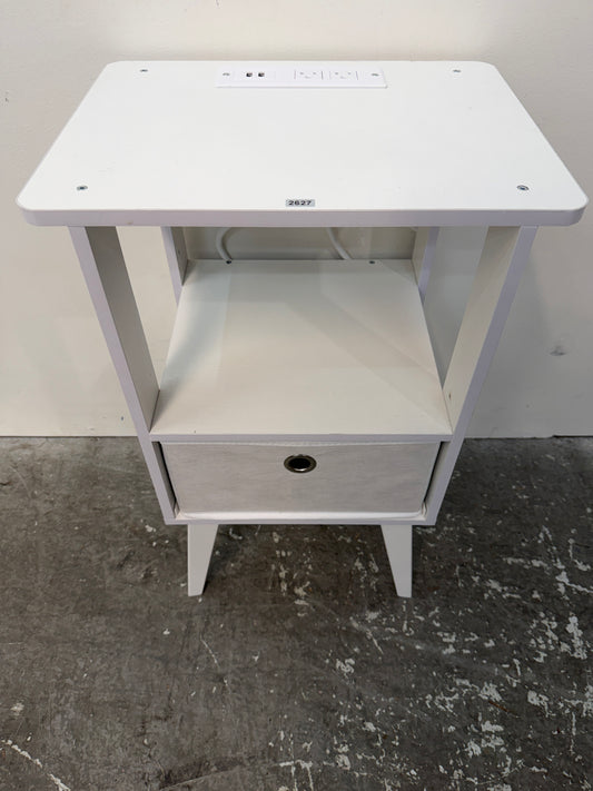 White Nightstand with Charging Outlets and Fabric Bin #2627