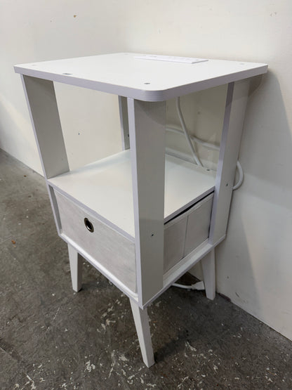 White Nightstand with Charging Outlets and Fabric Bin #2627