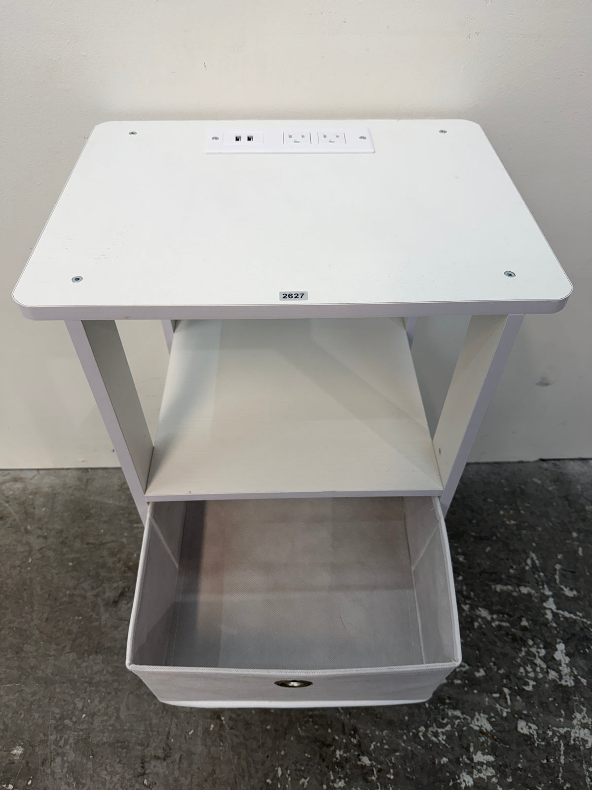 White Nightstand with Charging Outlets and Fabric Bin #2627