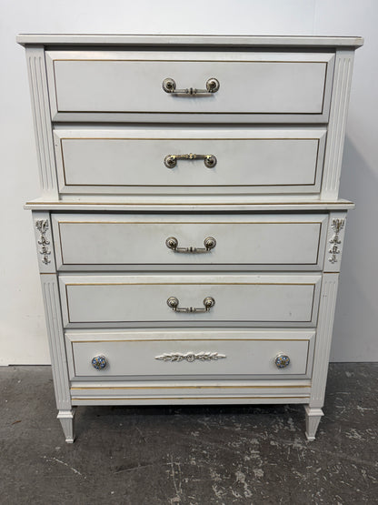 White French Provincial Five-Drawer Tall Chest with Gold Trim #2630