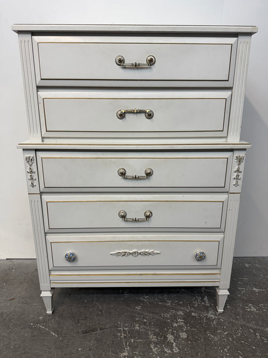 White French Provincial Five-Drawer Tall Chest with Gold Trim #2630