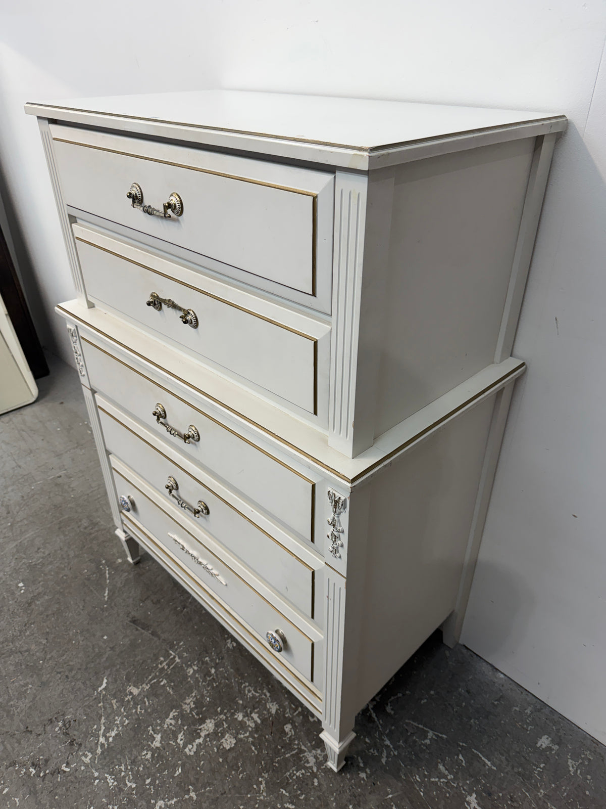 White French Provincial Five-Drawer Tall Chest with Gold Trim #2630