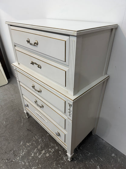 White French Provincial Five-Drawer Tall Chest with Gold Trim #2630