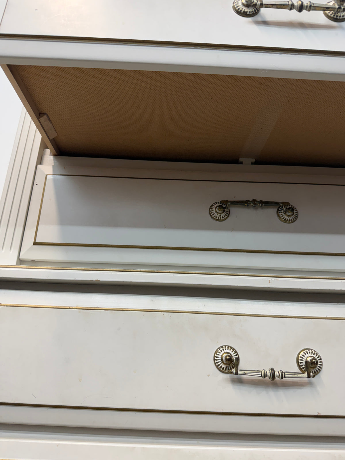 White French Provincial Five-Drawer Tall Chest with Gold Trim #2630