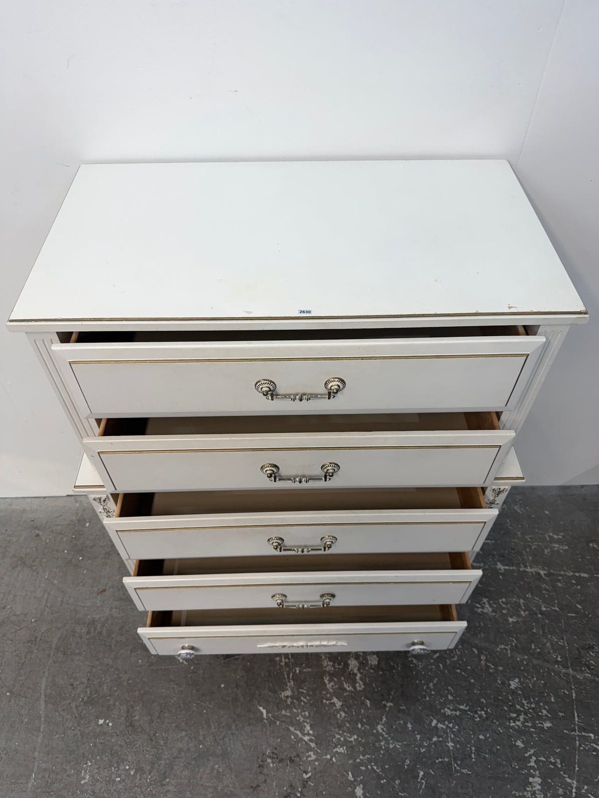 White French Provincial Five-Drawer Tall Chest with Gold Trim #2630