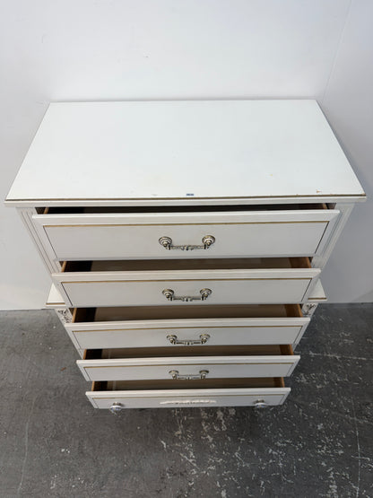 White French Provincial Five-Drawer Tall Chest with Gold Trim #2630