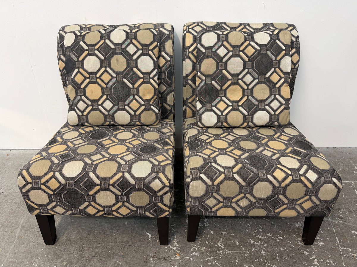 Pair of Geometric Pattern Armless Accent Chairs with Pillows #2632
