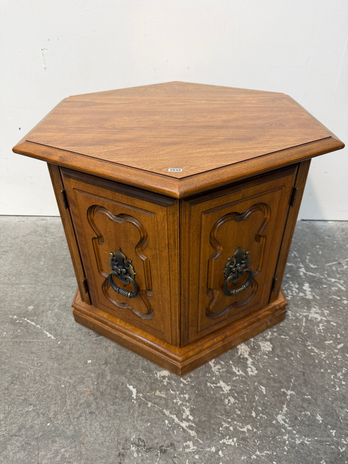 Vintage Hexagon End Table Cabinet with Ring Pulls #2645