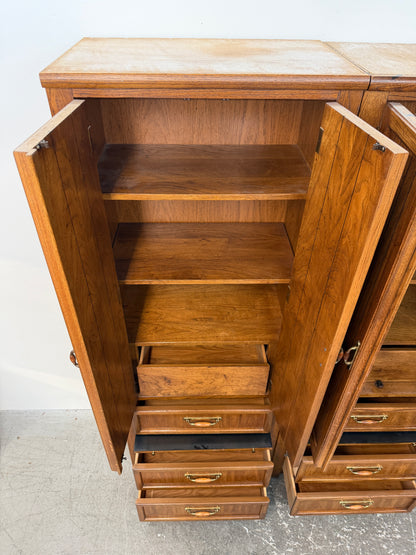 Pair of Thomasville Oak Wardrobe Towers with Drawers and Shelves #2648
