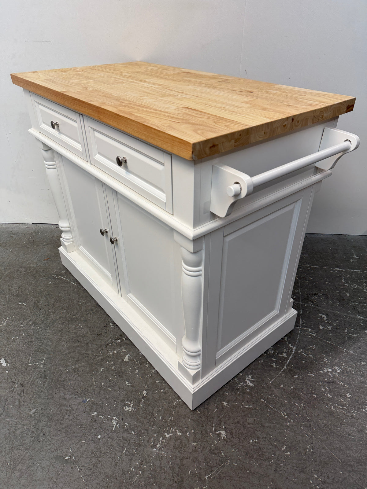 White Kitchen Island with Butcher Block Top and Towel Bars #2649
