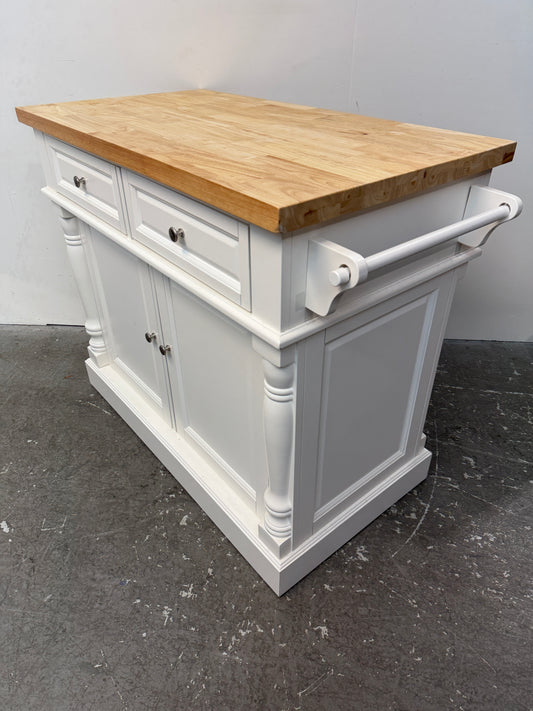 White Kitchen Island with Butcher Block Top and Towel Bars #2649