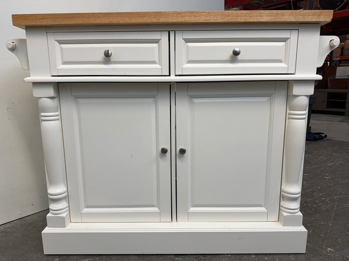 White Kitchen Island with Butcher Block Top and Towel Bars #2649