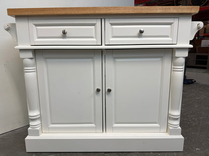 White Kitchen Island with Butcher Block Top and Towel Bars #2649