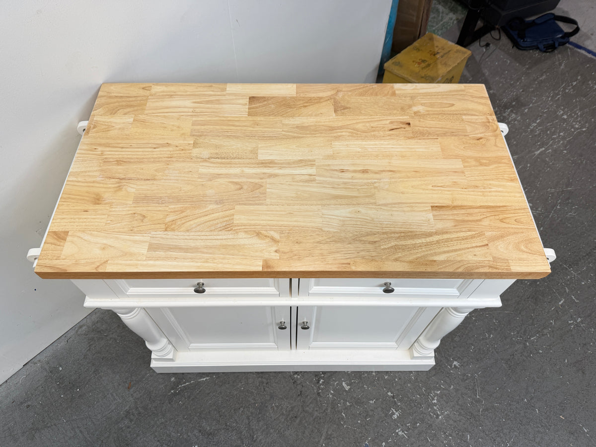 White Kitchen Island with Butcher Block Top and Towel Bars #2649