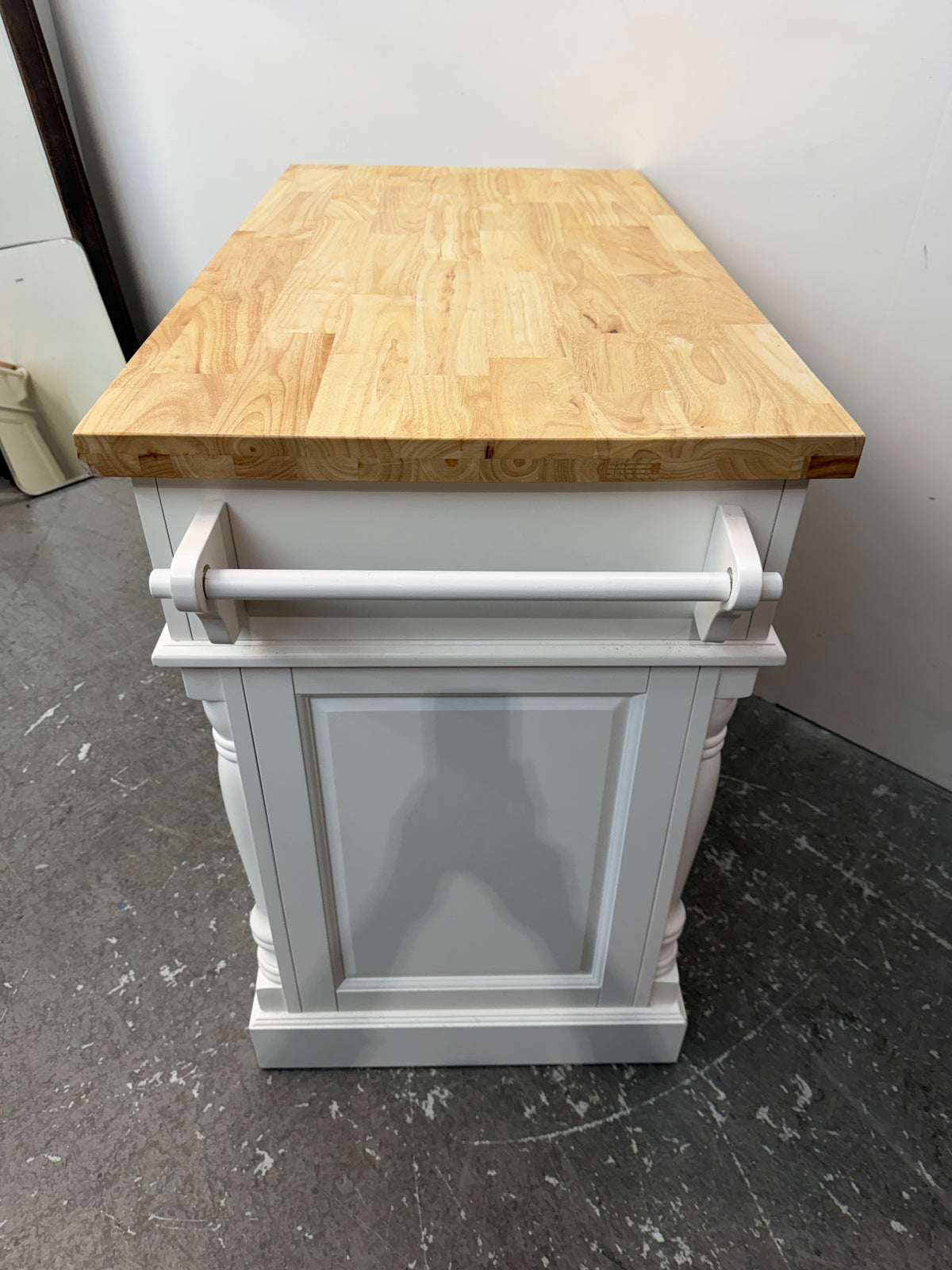 White Kitchen Island with Butcher Block Top and Towel Bars #2649