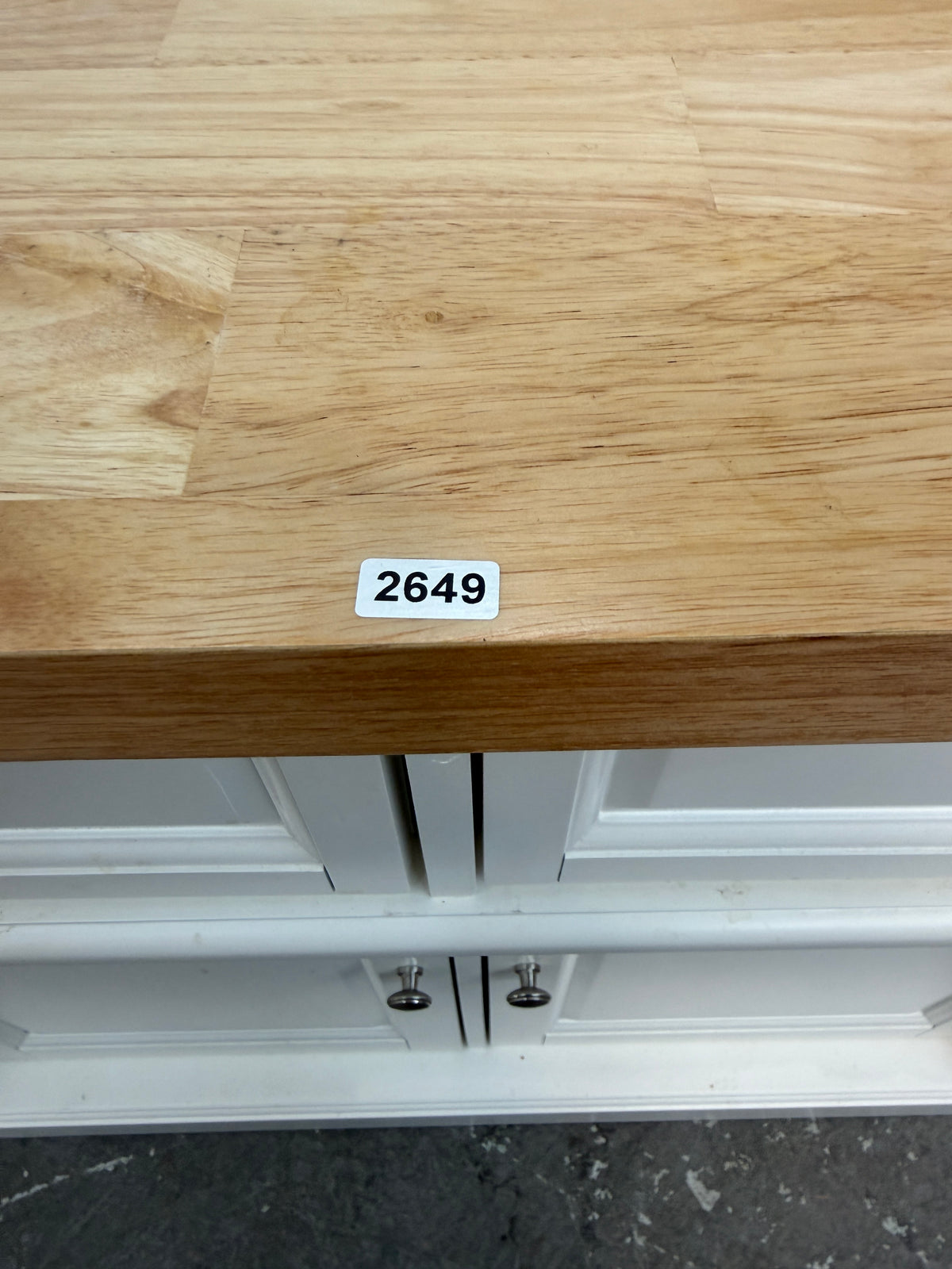 White Kitchen Island with Butcher Block Top and Towel Bars #2649