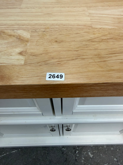 White Kitchen Island with Butcher Block Top and Towel Bars #2649