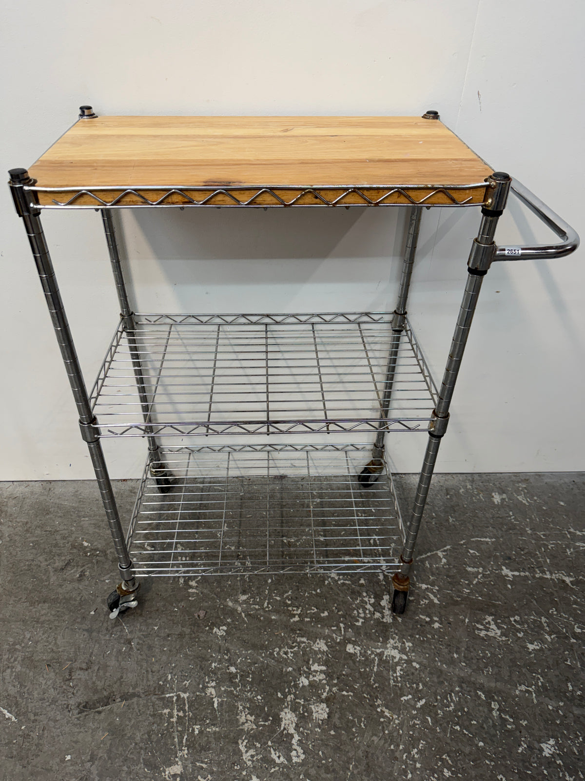 Chrome Wire Kitchen Cart with Wood Top and Casters #2651