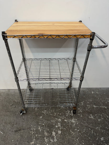 Chrome Wire Kitchen Cart with Wood Top and Casters #2651