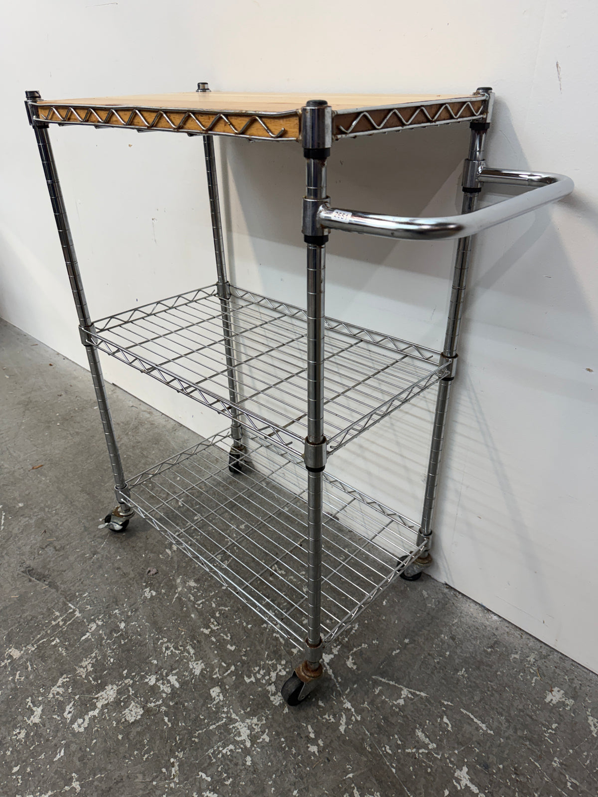 Chrome Wire Kitchen Cart with Wood Top and Casters #2651