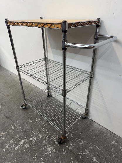 Chrome Wire Kitchen Cart with Wood Top and Casters #2651