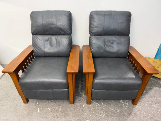 Pair of Mission Style Gray Leather Push-Back Recliners #2654