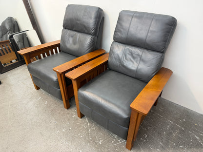 Pair of Mission Style Gray Leather Push-Back Recliners #2654