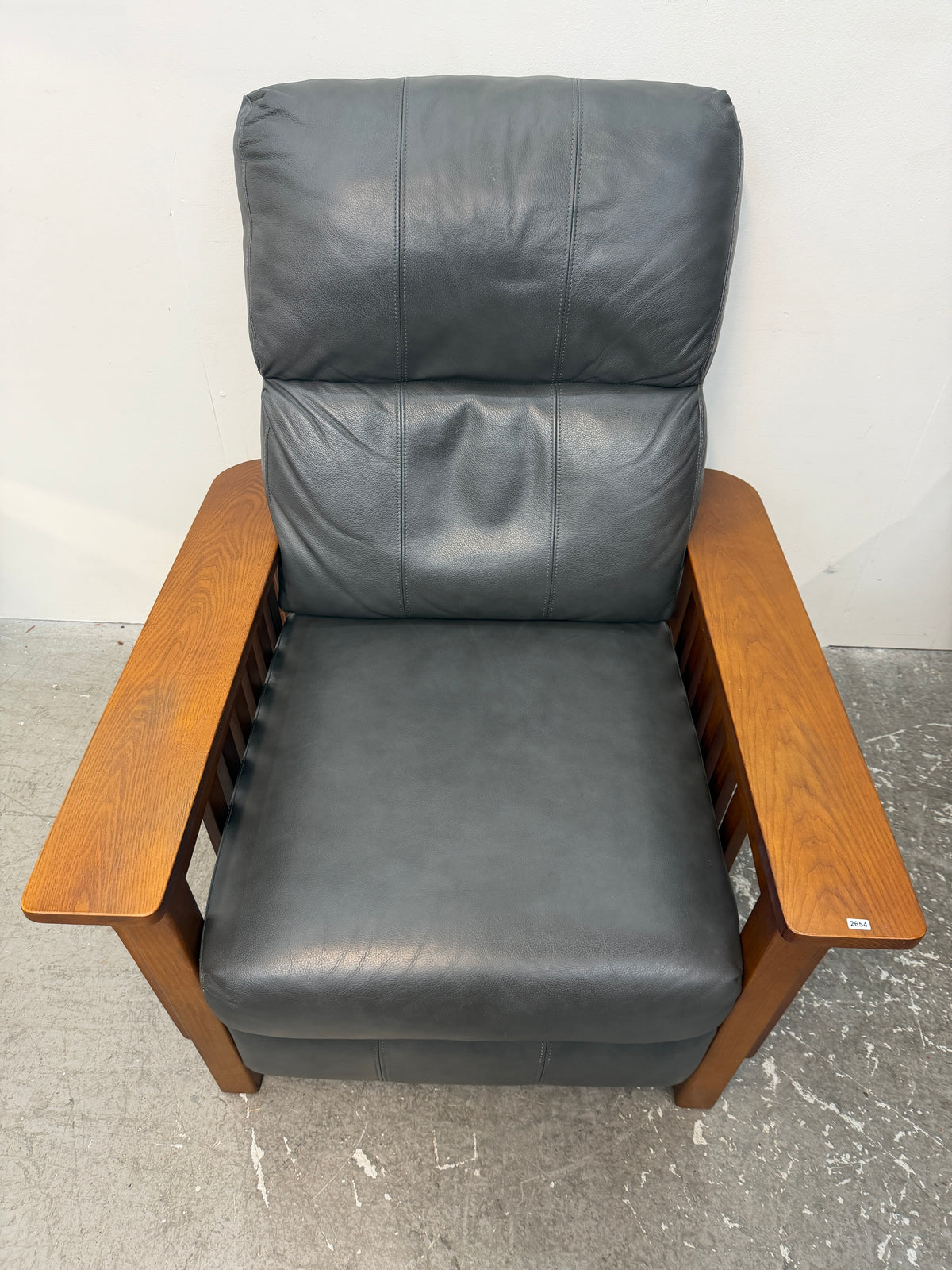 Pair of Mission Style Gray Leather Push-Back Recliners #2654