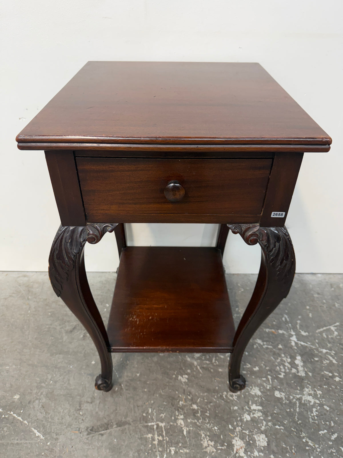 Carved Mahogany Flip Top Side Table with Drawer #2658