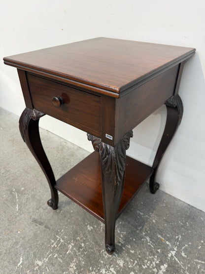 Carved Mahogany Flip Top Side Table with Drawer #2658