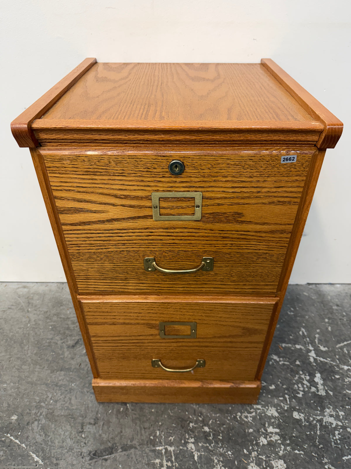 Oak Two-Drawer Locking File Cabinet with Brass Pulls #2662
