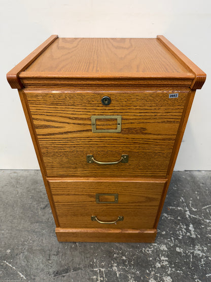 Oak Two-Drawer Locking File Cabinet with Brass Pulls #2662