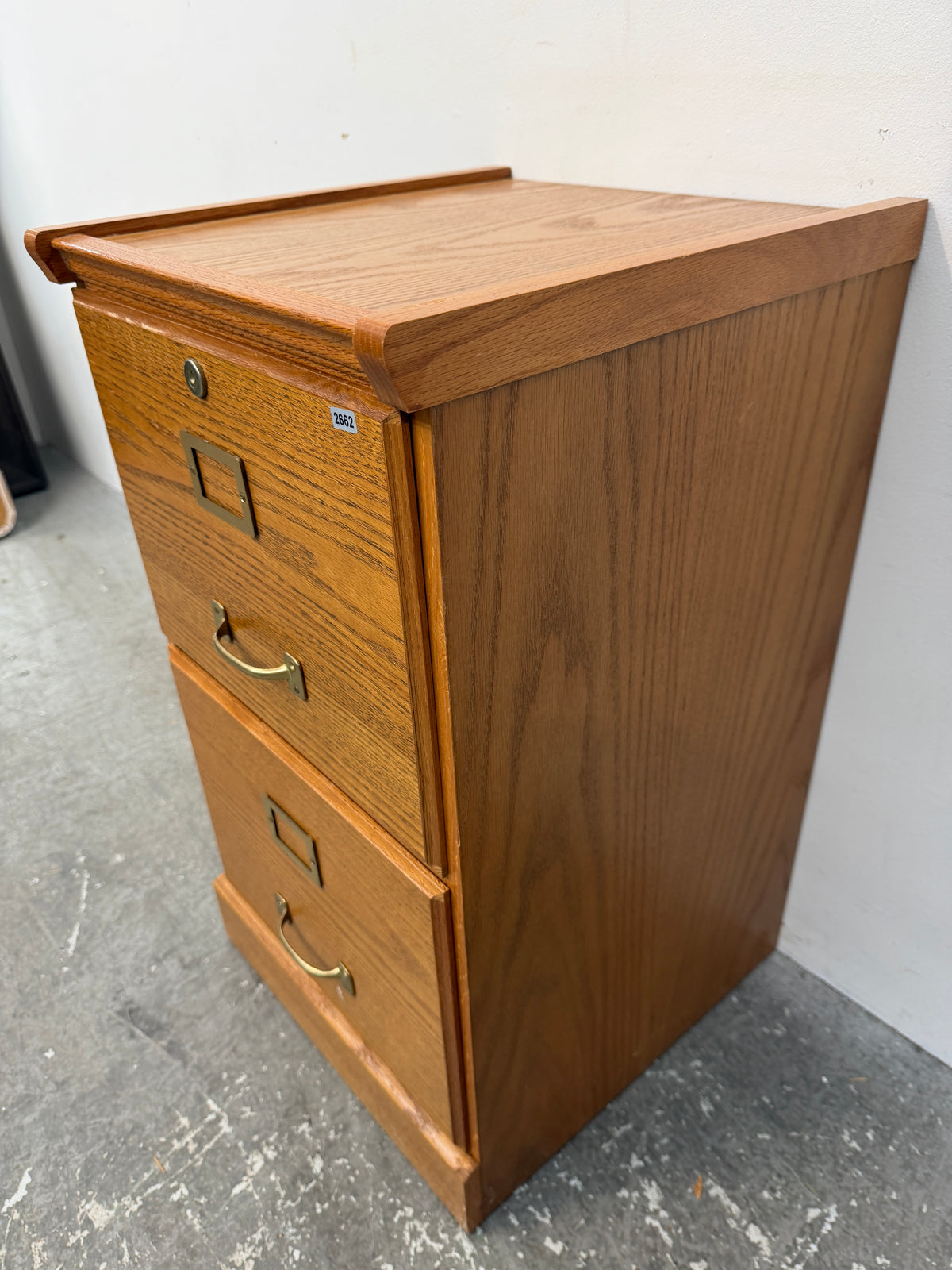 Oak Two-Drawer Locking File Cabinet with Brass Pulls #2662