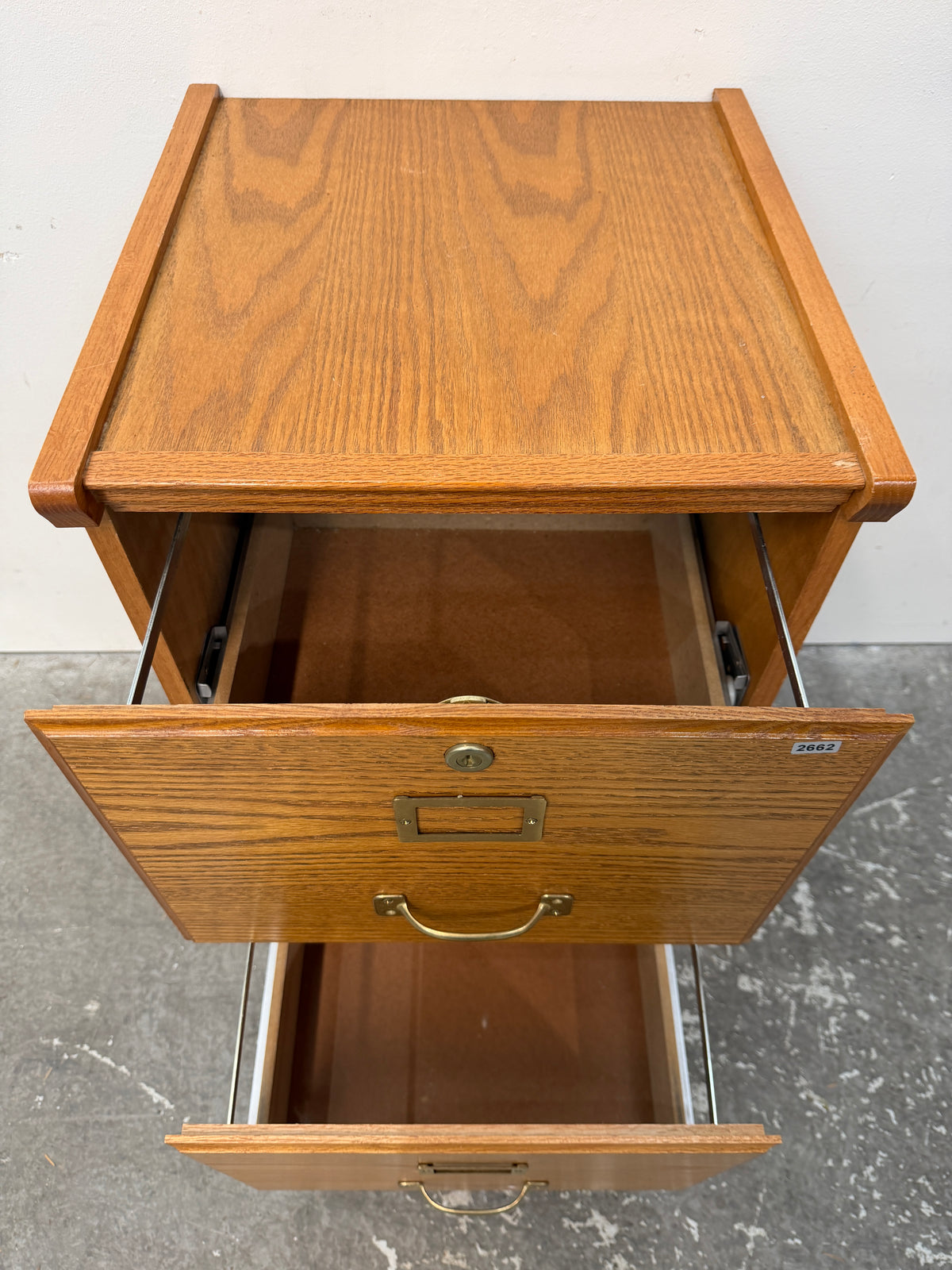 Oak Two-Drawer Locking File Cabinet with Brass Pulls #2662