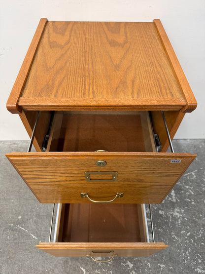 Oak Two-Drawer Locking File Cabinet with Brass Pulls #2662