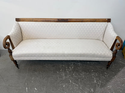 Regency Style Scroll Arm Settee in Ivory Damask #2664